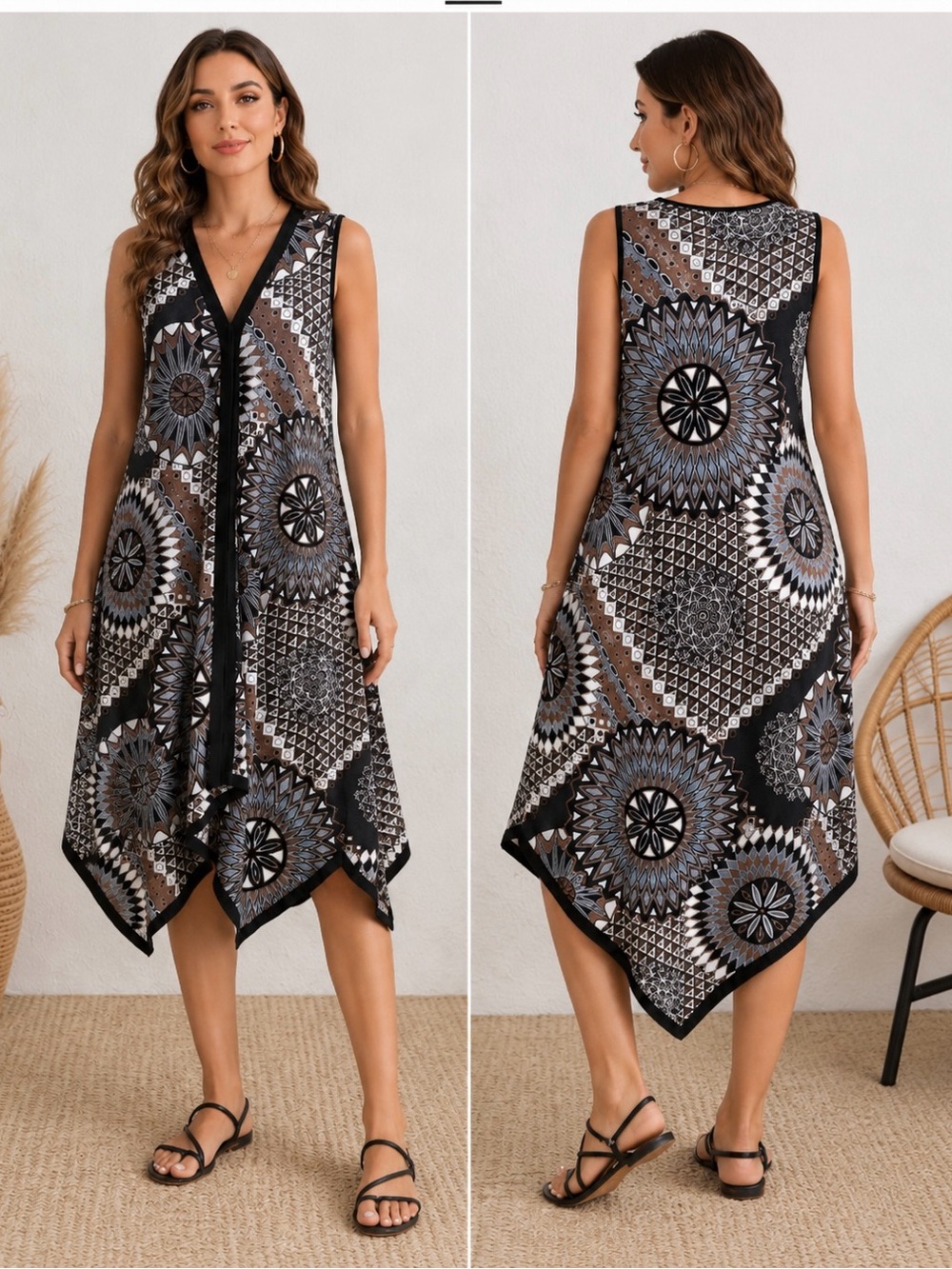 Midnight Velvet Black and Brown Geometric Midi Dress